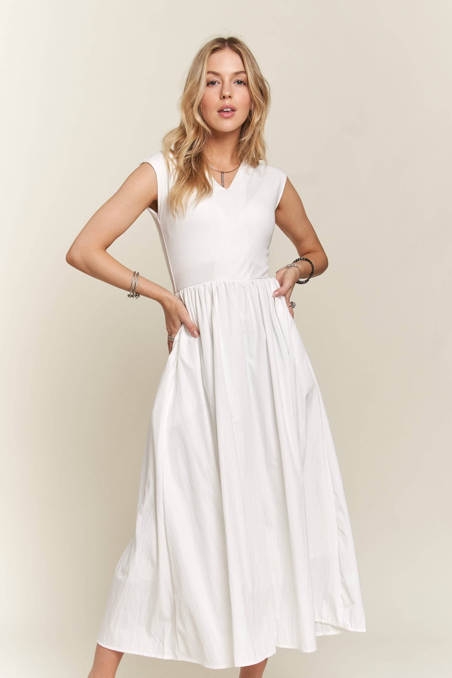 White Cotton Blend Midi Dress with Pockets