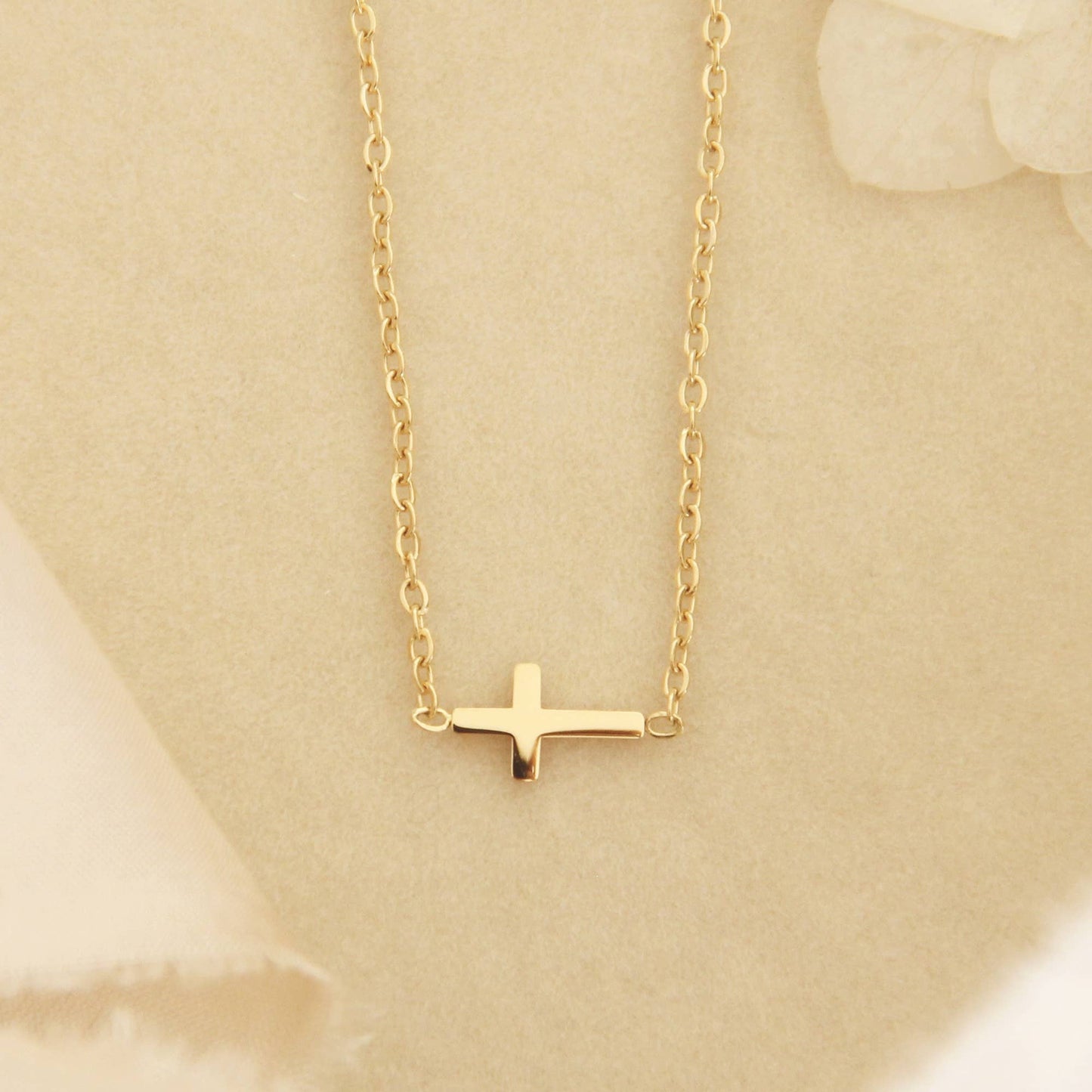 Dainty Sideways Cross Necklace (Yellow Gold)