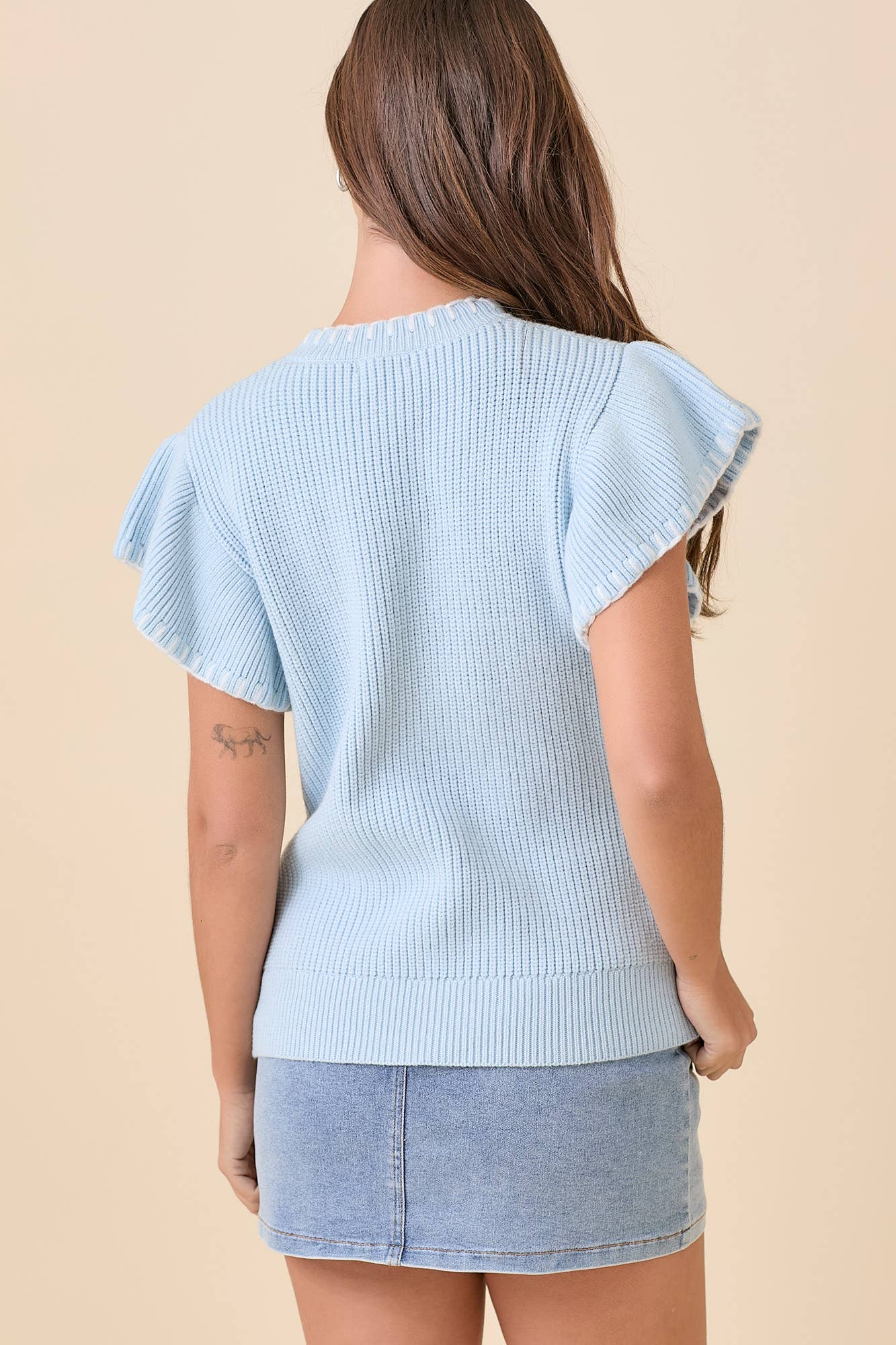 Blue Ribbon Detail Flutter Sleeve Top