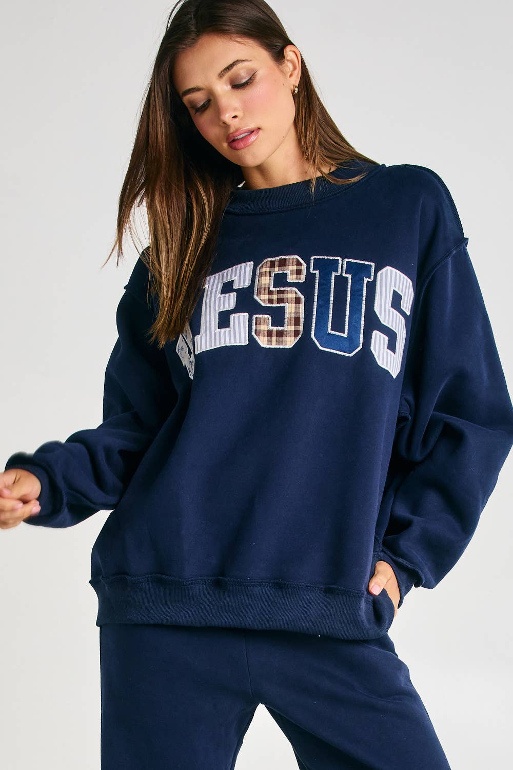 Gray Jesus Embroidered Oversized Mock-neck Sweatshirt