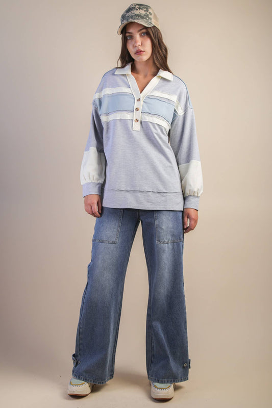Heather Gray/Blue Color Block Raw Edge Oversized Top