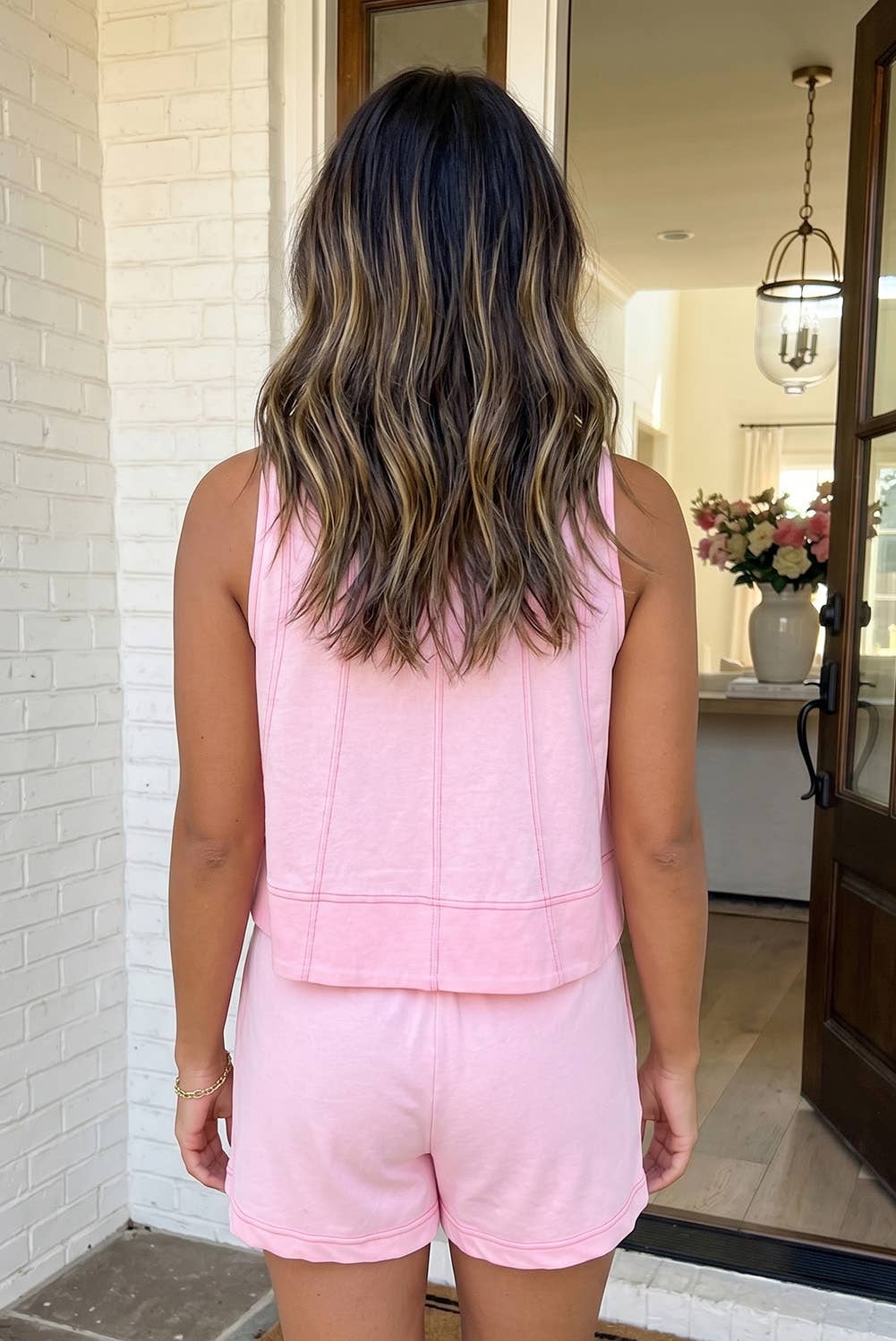 Soft Pink Stitched Detail Short Set