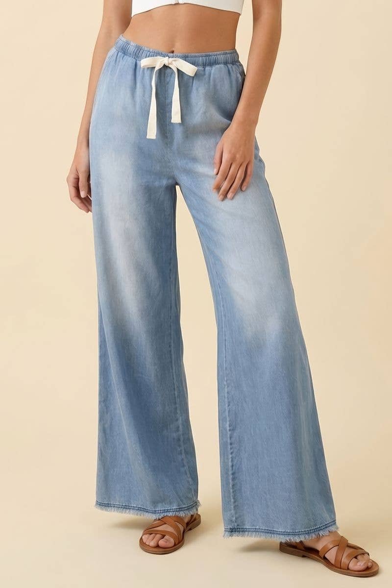 Light Wash Wide Leg Denim Drawstring Pants