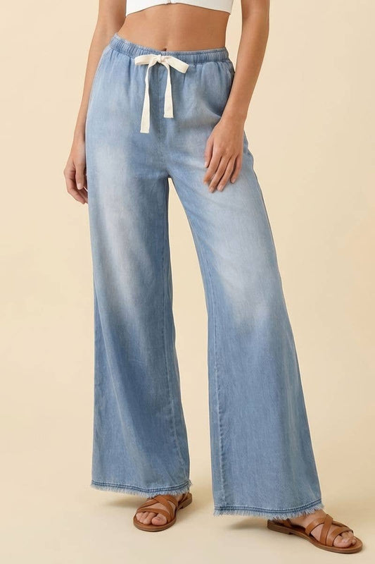 Light Wash Wide Leg Denim Drawstring Pants
