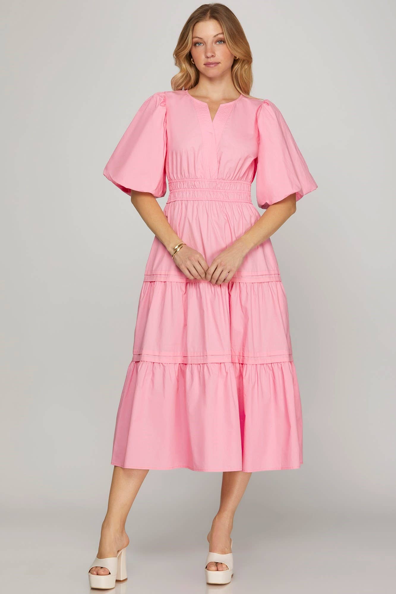 Pink Balloon Sleeve Tiered Midi Dress