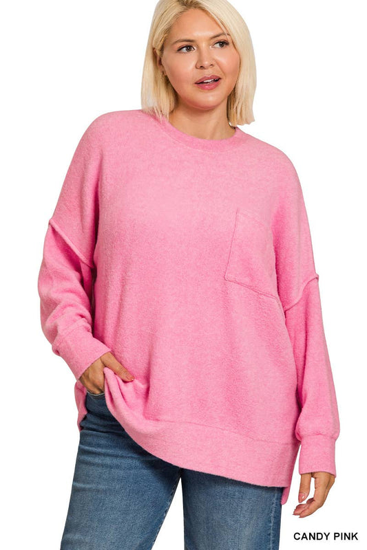 Pink Brushed Melange Drop Shoulder Sweater