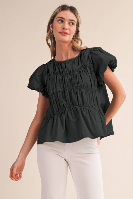 Black Cotton Smocked Panel Bubble Sleeve Top