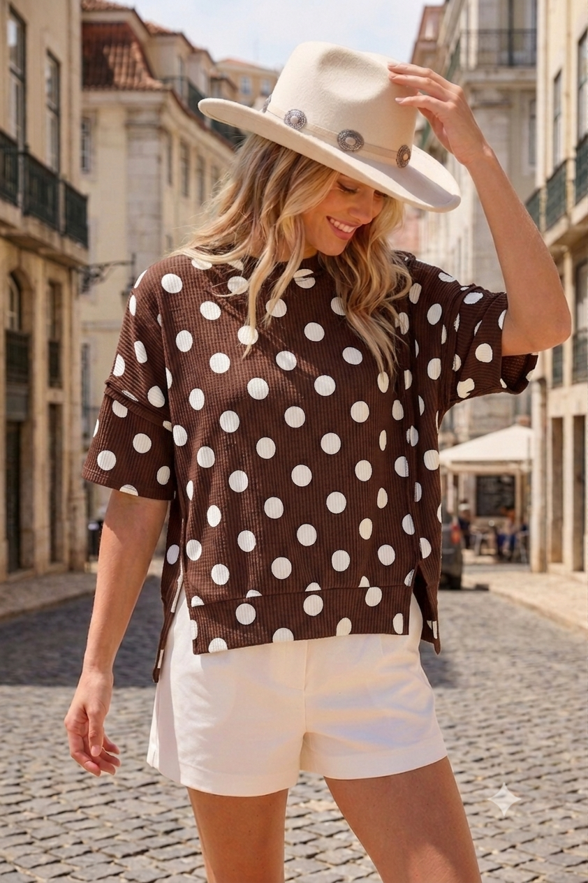 Brown Polka Dot Rib Knit Top