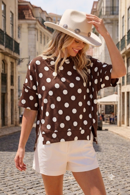 Brown Polka Dot Rib Knit Top