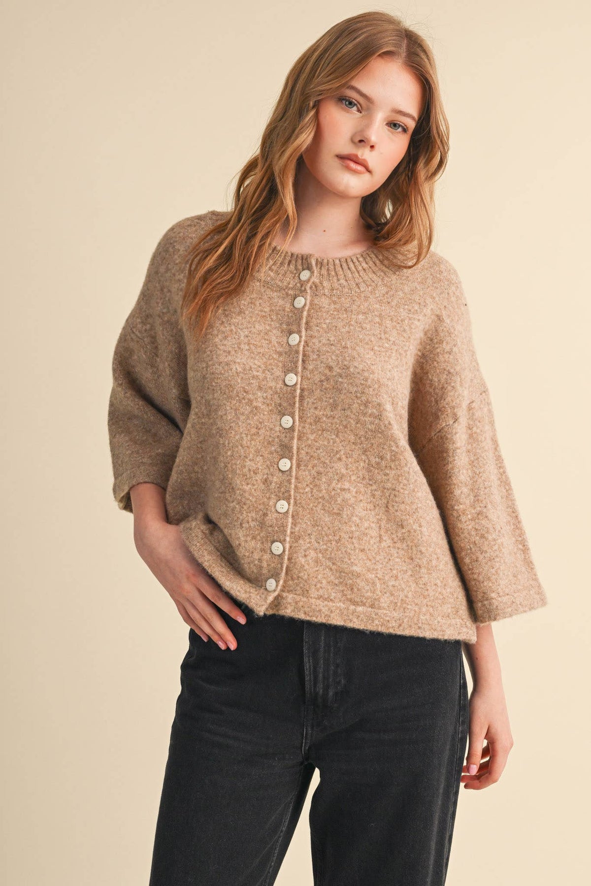 Mocha Brown Wide Sleeve Button Front Knit Cardigan