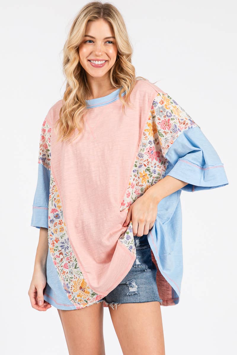Dusty Pink Washed Floral Patchwork Oversized Tee