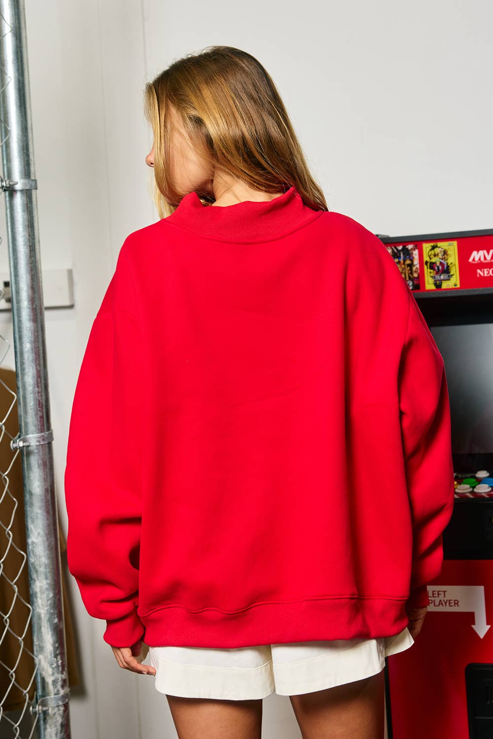 Gingham Embroidered "JESUS" Mock Neck Sweatshirt