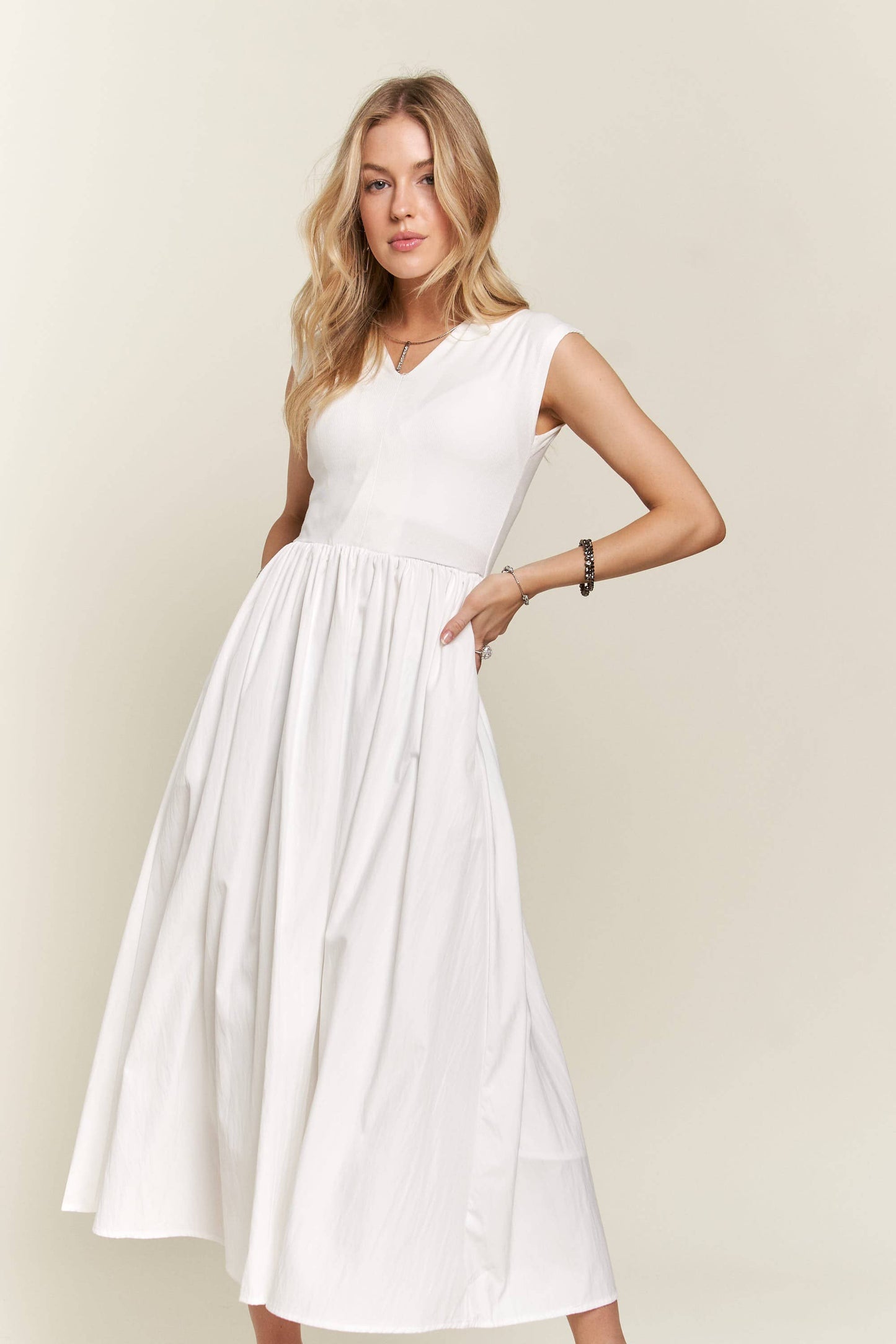 White Cotton Blend Midi Dress with Pockets