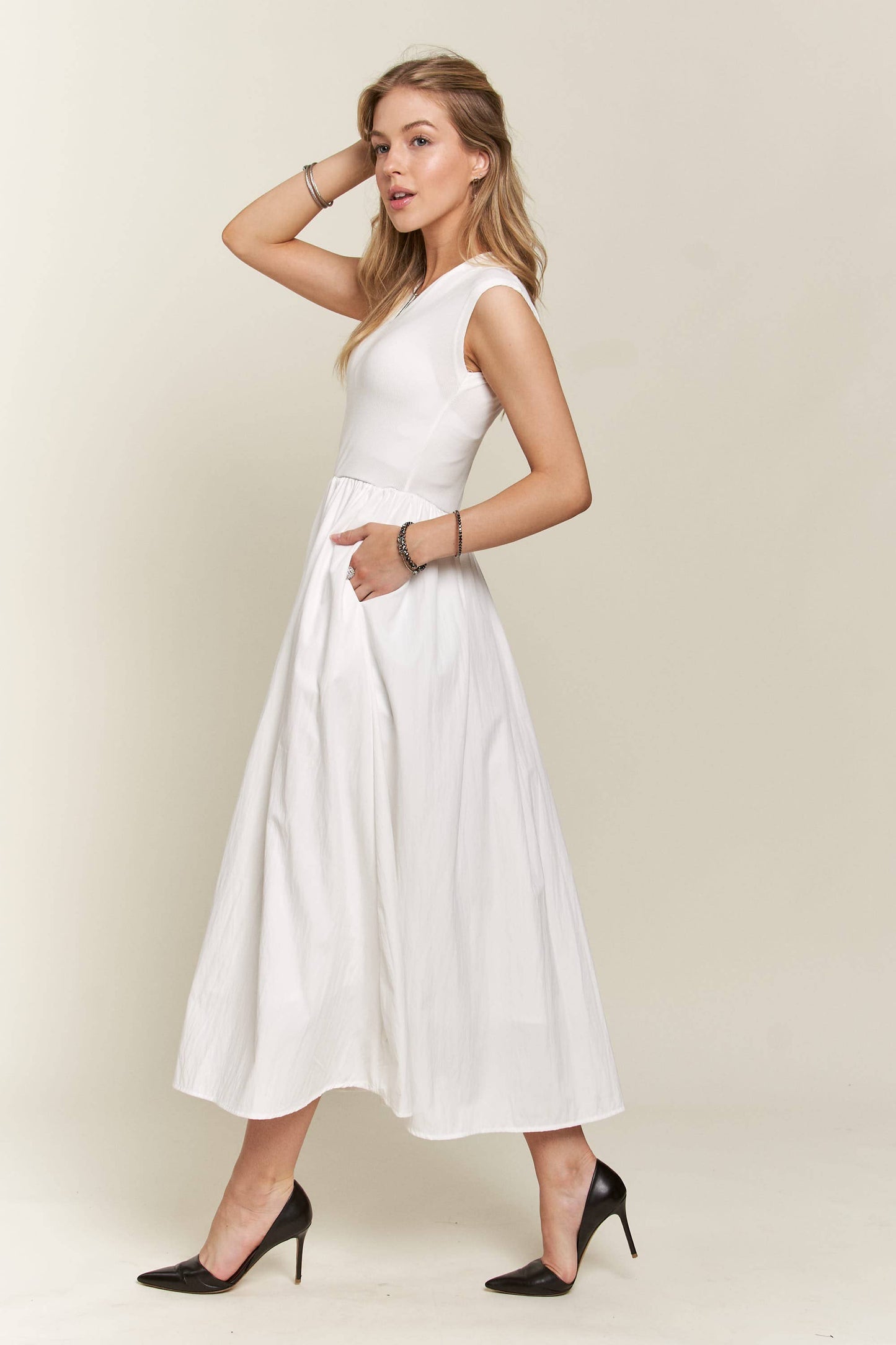 White Cotton Blend Midi Dress with Pockets