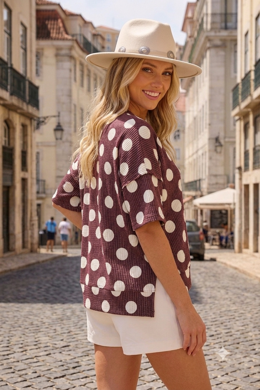 Brown Polka Dot Rib Knit Top