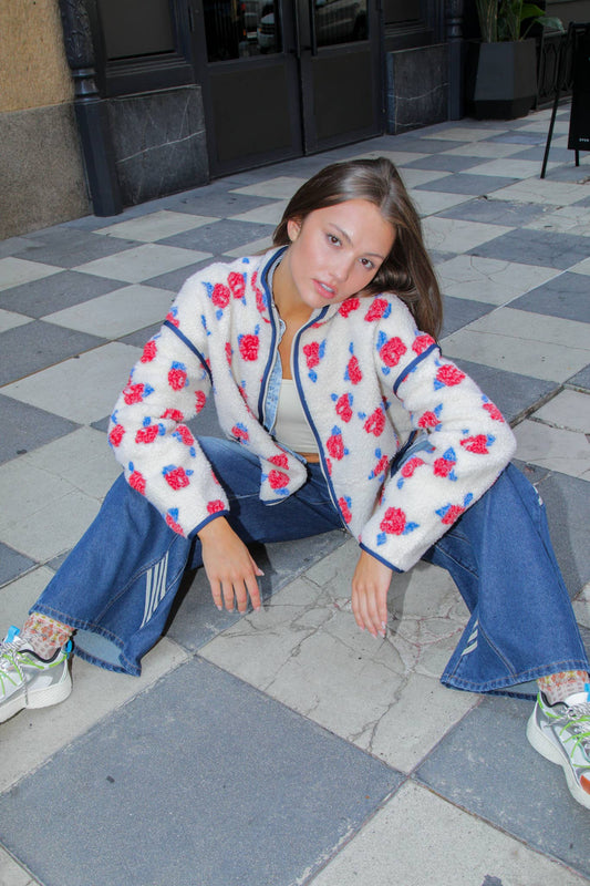 Ivory/Red Floral Fleece Sherpa Jacket