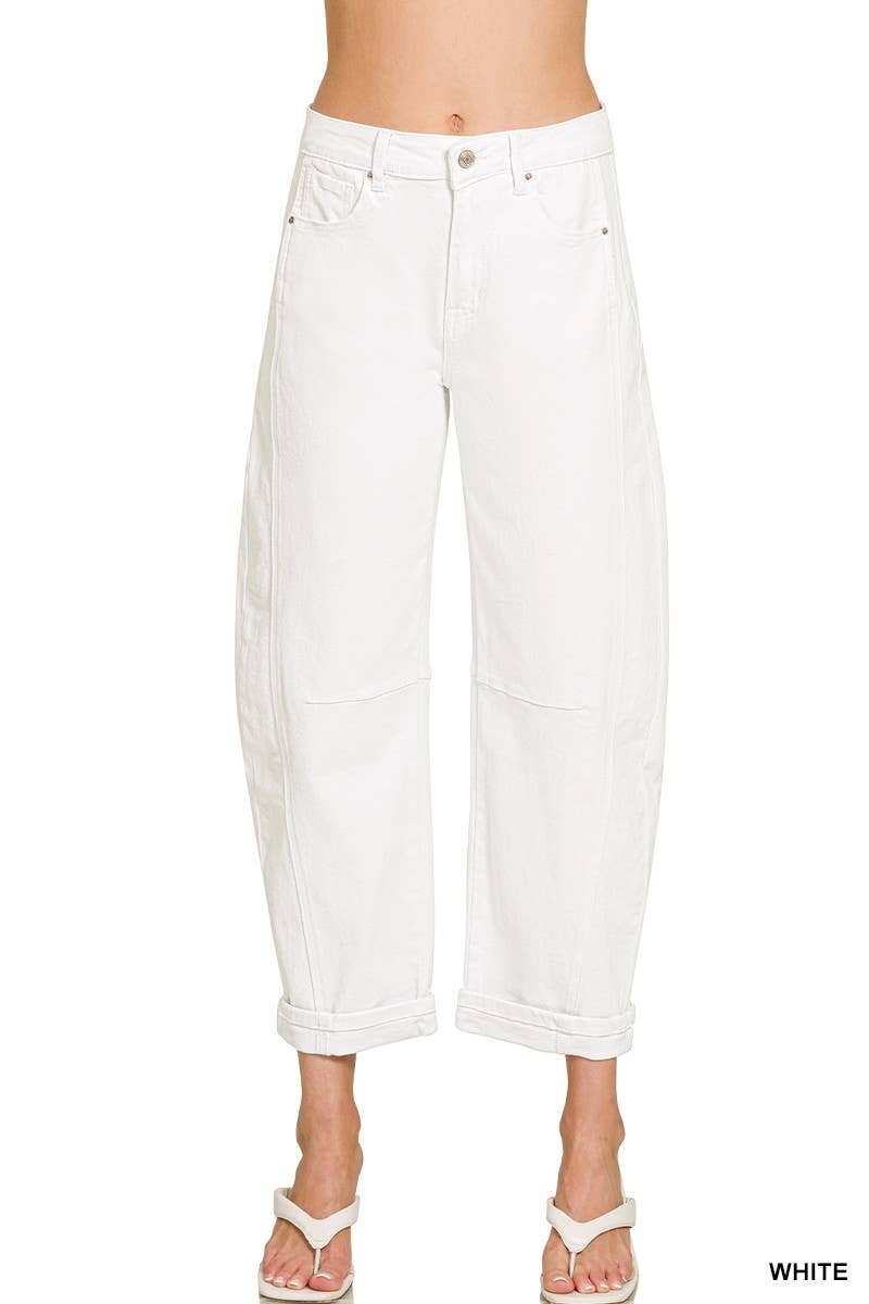 Zenana High Rise Barrel-leg Cropped White Denim Pants