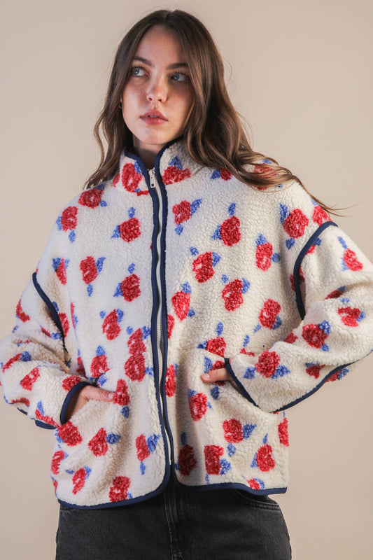 Ivory/Red Floral Fleece Sherpa Jacket