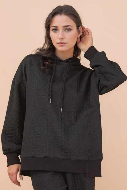 Black Oversized Cable Knit Textured Knit Hoodie