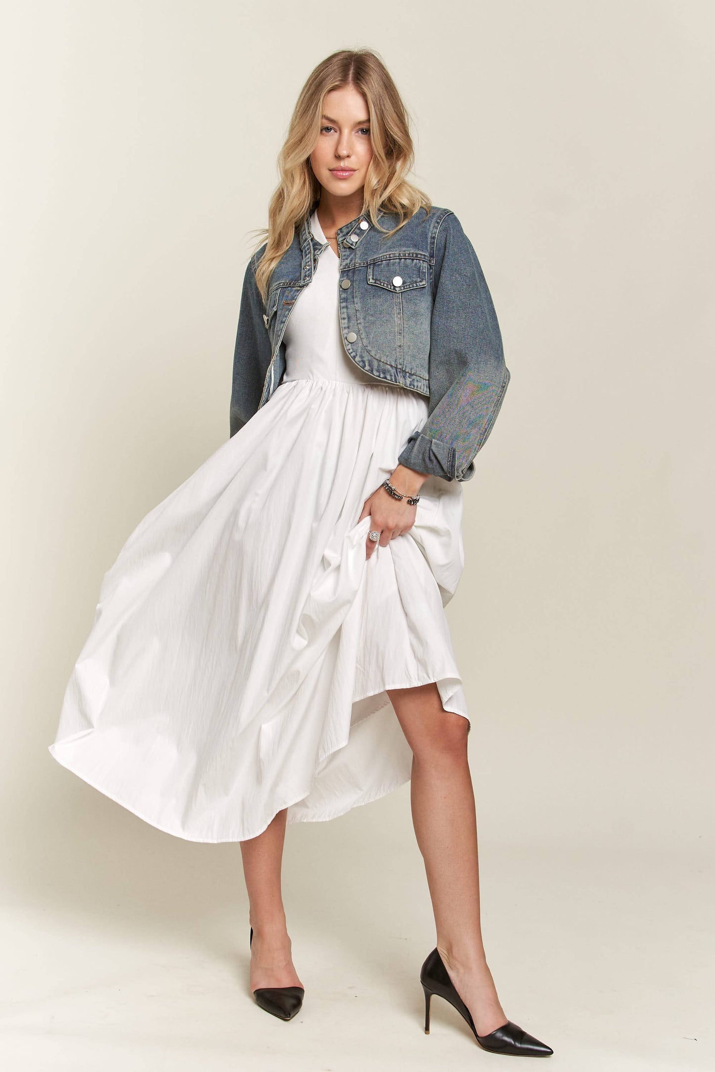 White Cotton Blend Midi Dress with Pockets