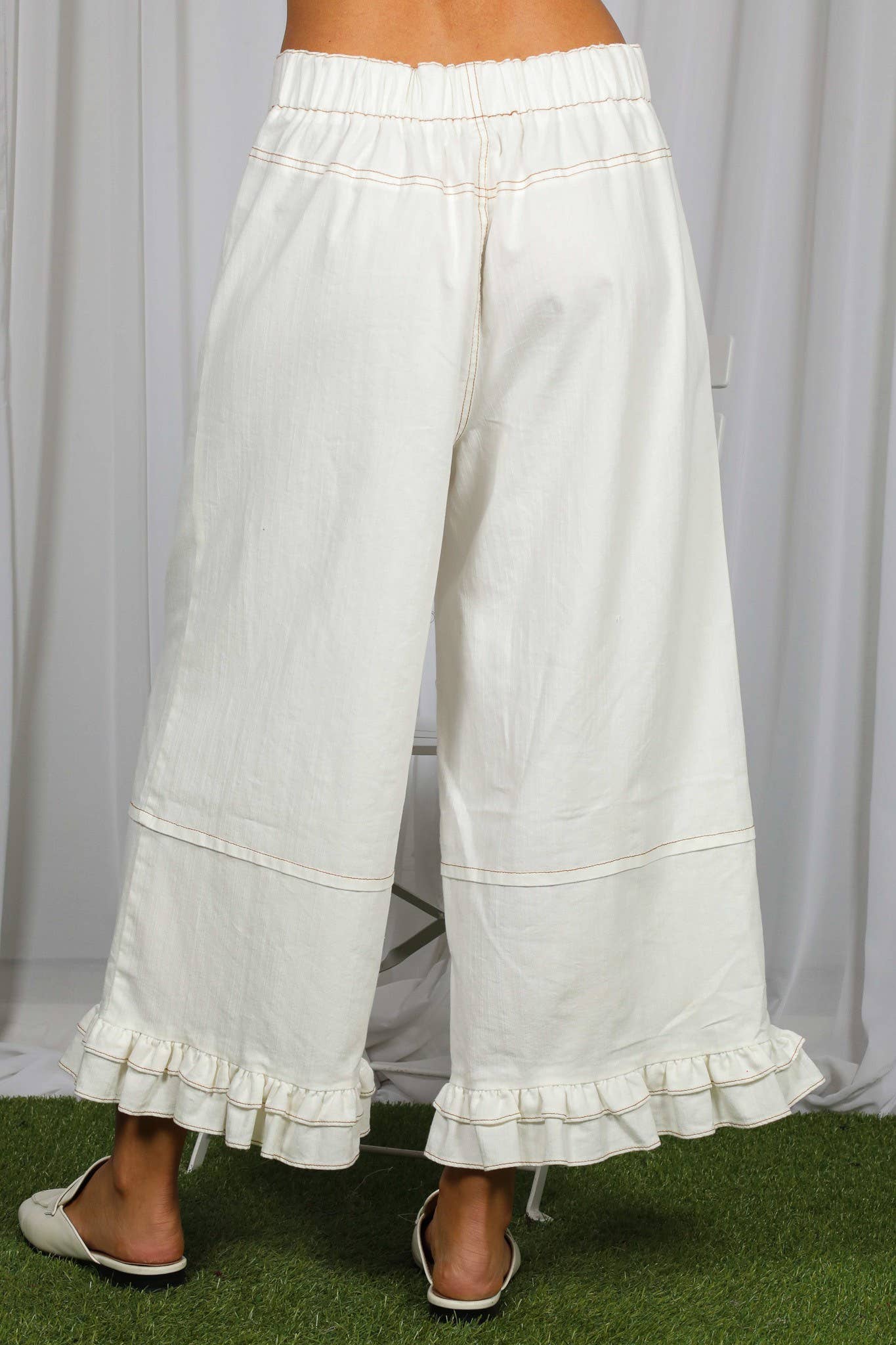 Cream Ruffle Hem Stone Wash Cropped Denim Pants